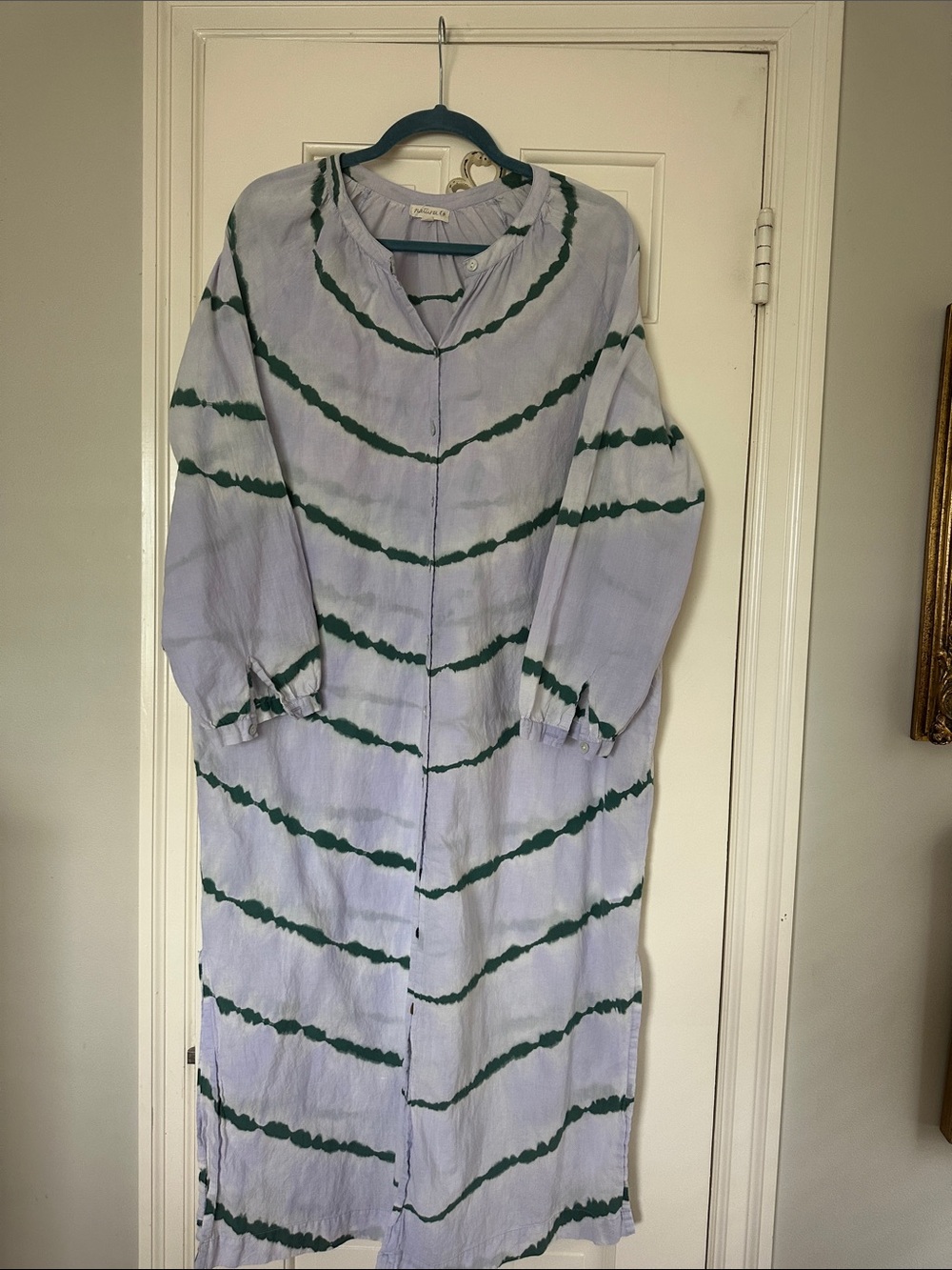 Light Lavender Button-Down Maxi Dress with Green Tie-Dye Stripes